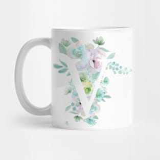 Botanical alphabet V green and purple flowers Mug